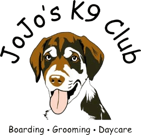 Logo for JoJo's K9 Club with a happy dog illustration.